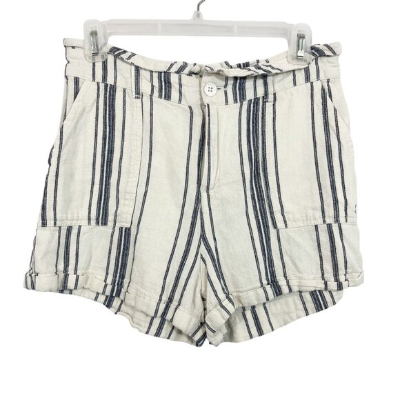Roxy Cream & Blue Striped Linen Shorts High Rise Beach Casual Boho Size Small - Picture 1 of 7